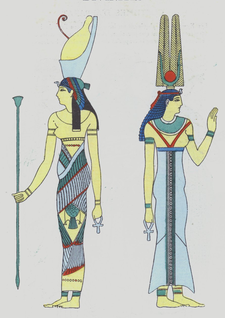 1920-luvun muinaisen Egyptin aikakauden jumaluuksien kuvaus (värilitografia). tekijältä French School