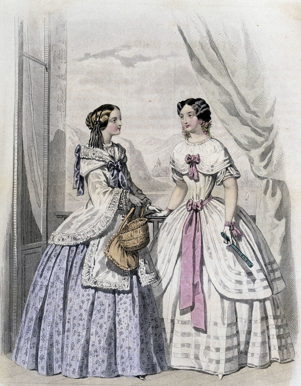 2 muodikasta naista - "Journal des Demoiselles" 1852 -lehdessä. tekijältä French School
