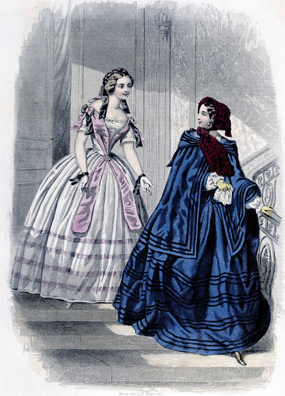 2 muodikasta naista - "" Journal des Demoiselles "" 1852 -lehdessä. tekijältä French School