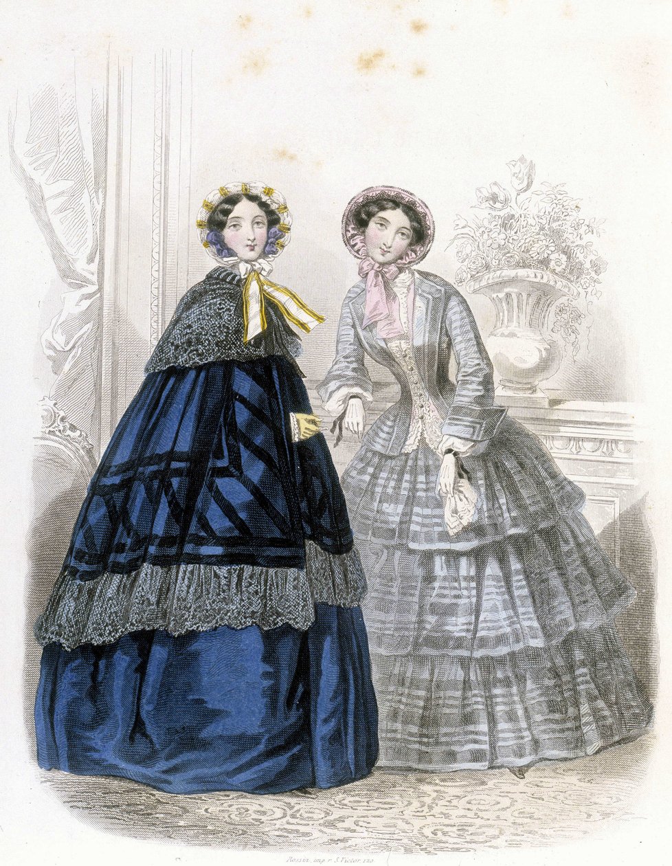 2 muodikasta naista: asussa - "" Journal des Demoiselles"" 1852 (kaiverrus) tekijältä French School