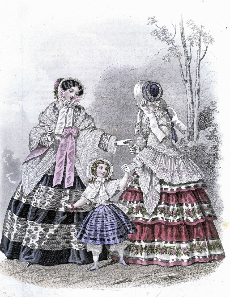 2 muodikasta naista tytön kanssa kävelyllä - "Journal des Demoiselles" -lehdessä 1852. tekijältä French School