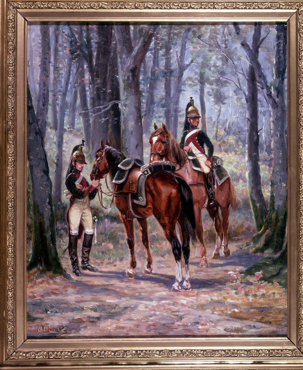 2 8th Dragonsin ratsastajaa, menneet partioiksi, maalaus 65 x 58 cm, öljy kankaalle, De Villeneuve, sotilasmaalari 1800-luvun lopulla. tekijältä French School