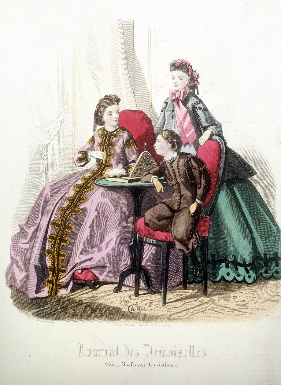 2 naista ja poika: Muoti - "" Magazine des damoiselles" -lehdessä, joulukuu 1864 tekijältä French School