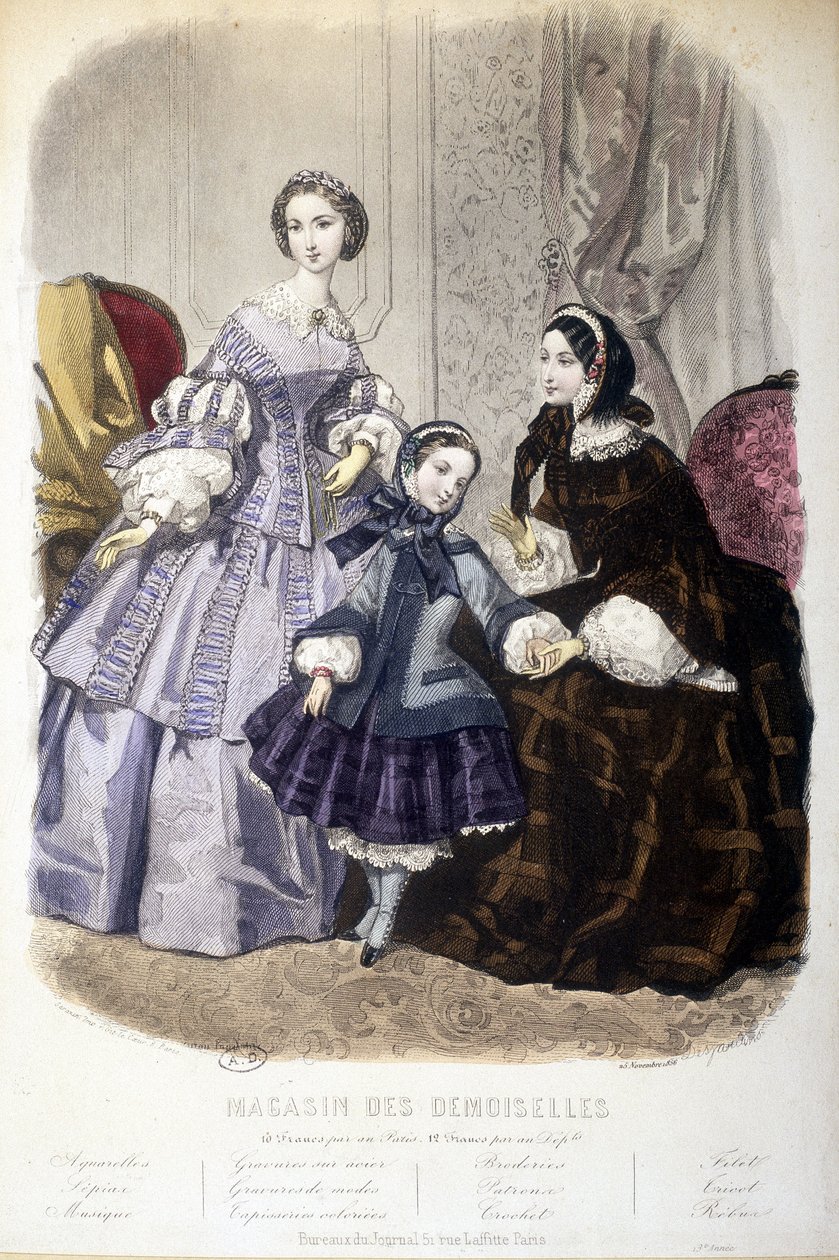 2 naista ja tyttö: Muoti - "" Magasin des damoiselles" -lehdessä. sd. noin 1850. tekijältä French School
