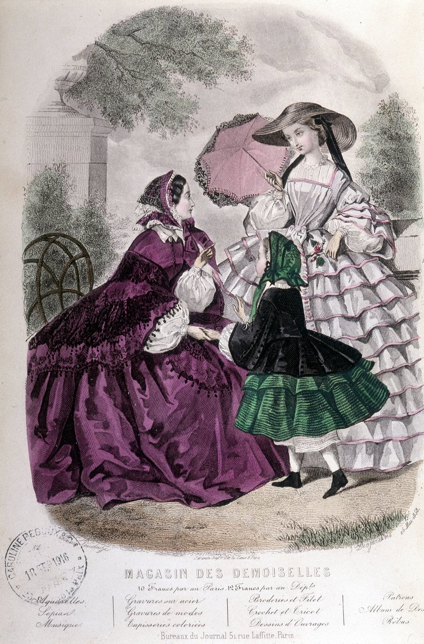 2 naista ja tyttö: Muoti - "" Magazine des damoiselles" -lehdessä. 1858 tekijältä French School