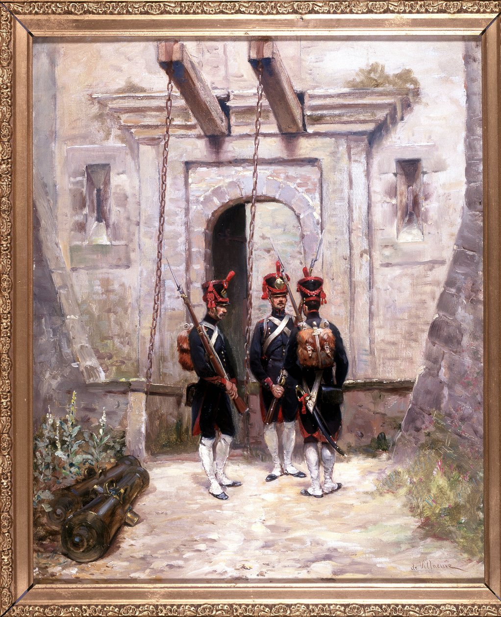 3 muuntavaa tykkimiestä, maalaus 65 x 58 cm, öljy kankaalle De Villeneuve, sotamaalari 1800-luvun lopulla. tekijältä French School