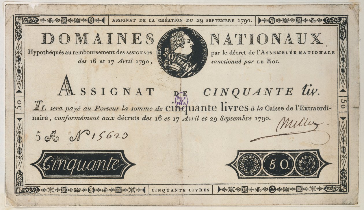 50 livrin seteli, 29. lokakuuta 1790 tekijältä French School
