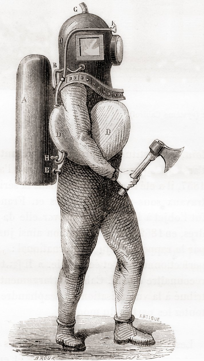 1800-luvun amerikkalainen syvänmeren sukelluspuku, "Les Merveilles de la Science", julkaistu noin 1870 (kaiverrus) tekijältä French School