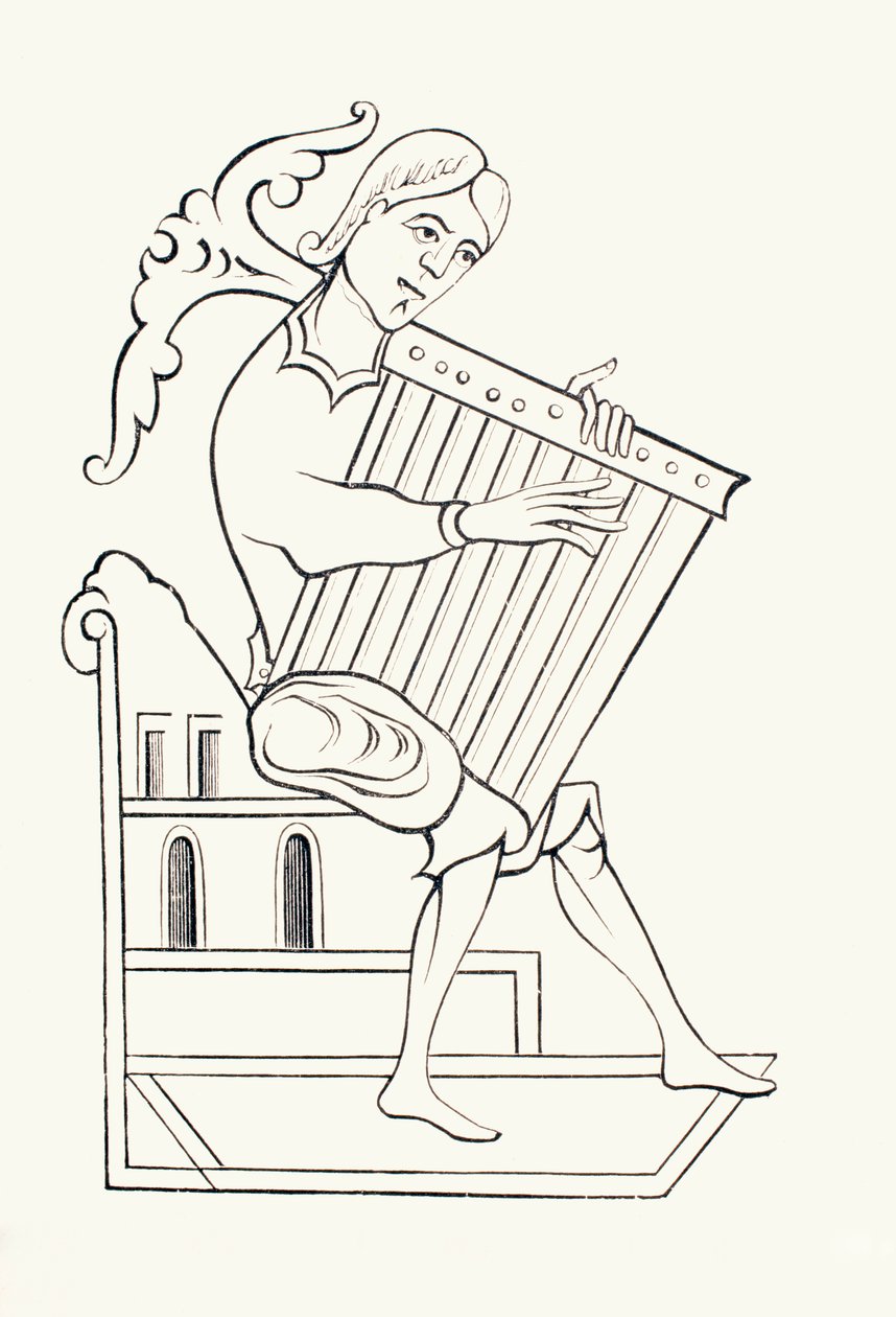 800-luvun muusikko, joka soittaa psalterium-instrumenttia, Les Arts au Moyen Age, julkaistu 1873 (litho) tekijältä French School