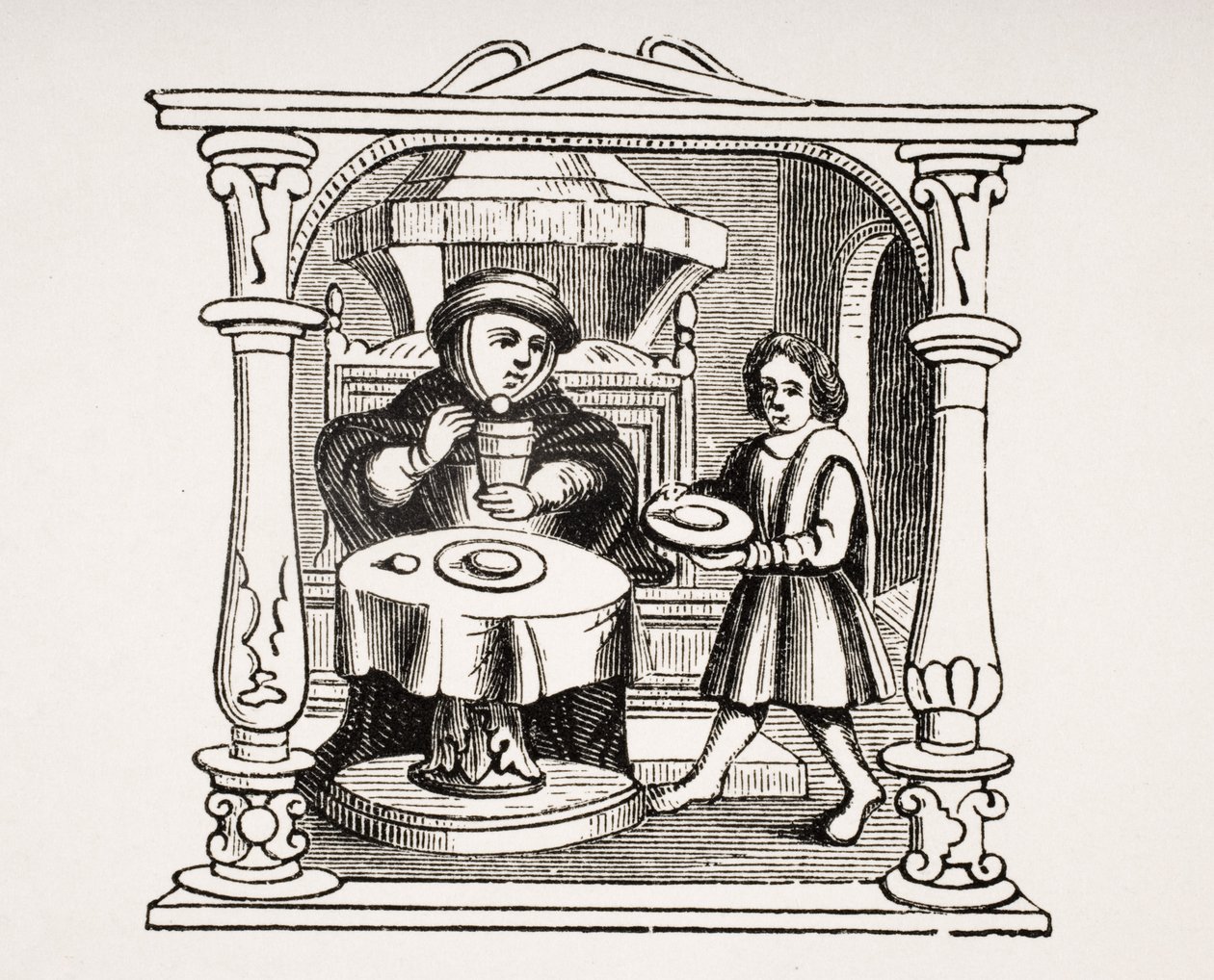 Burgess syömässä ateriansa 1500-luvun käsikirjoituksen kuvituksen jälkeen Paul Lacroixin (1806-84) Le Moyen Age et La Renaissance -julkaisusta, julkaistu 1847 tekijältä French School