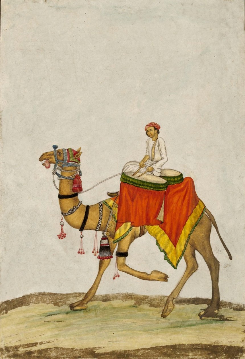 Kameli ratsastajansa kanssa soittamassa rumpuja, c. 1840 (guassi) tekijältä French School