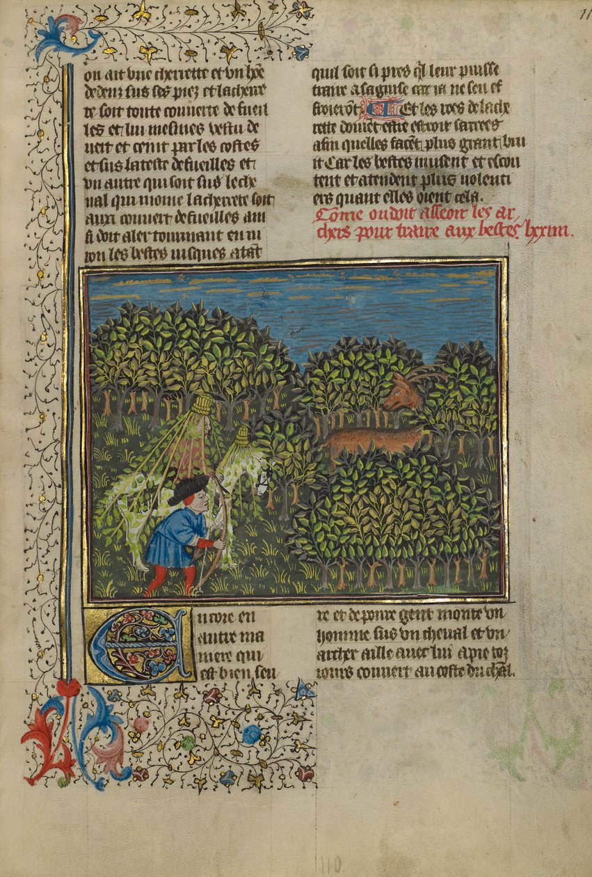 Naamioitu ratsumies ja jousimies lähestymässä peuroa, n. 1430-1440 (tempera, kulta- ja hopeamaali ja kultalehti pergamentilla) tekijältä French School