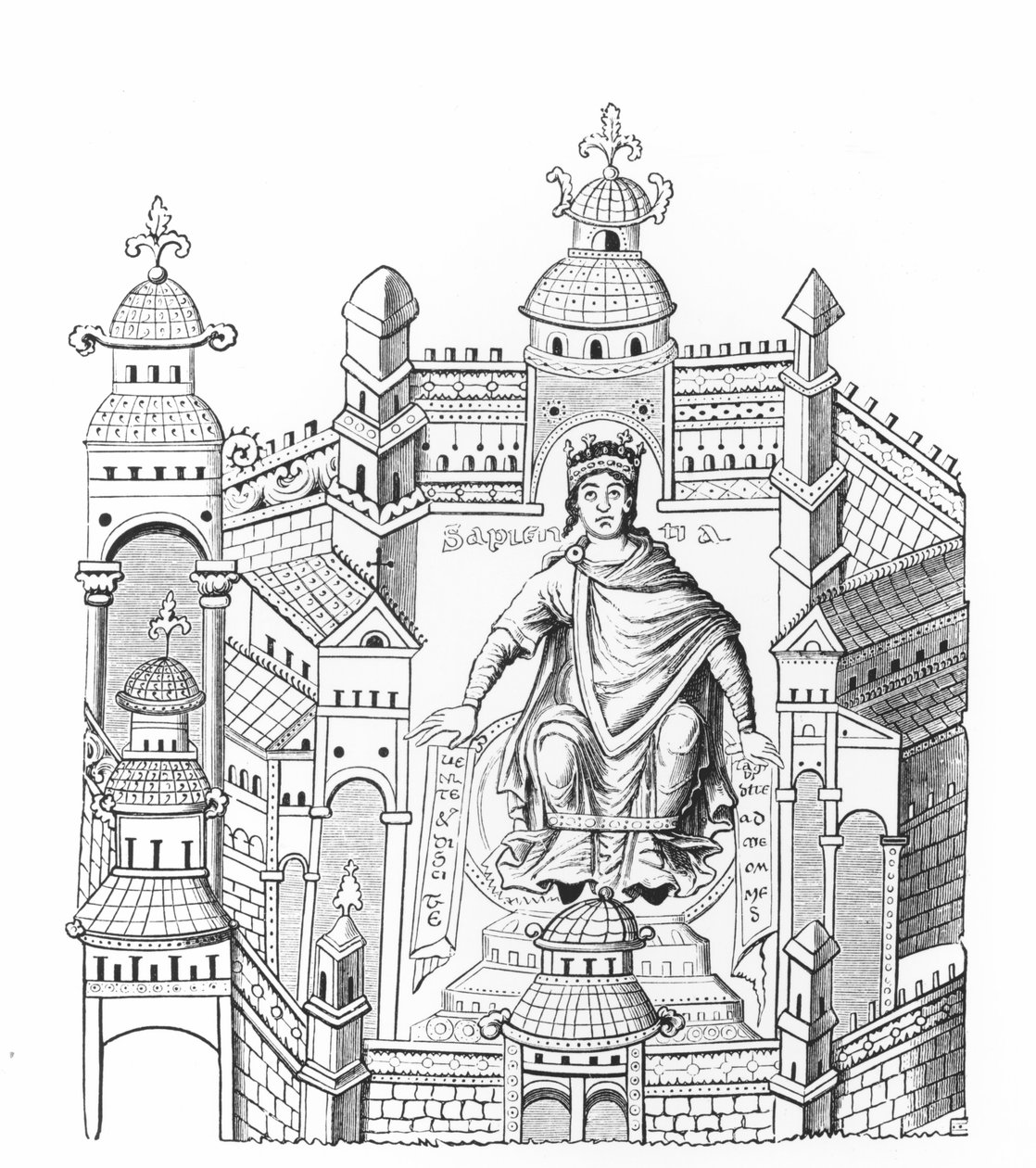 Karlovingien kuningas palatsissaan, joka persoonallisti koko ihmiskuntaan vetoavaa viisautta käsikirjoituksen pienoismallin jälkeen, jonka on kopioinut kreivi Horace de Viel-Castel (1798-1864) tekijältä French School