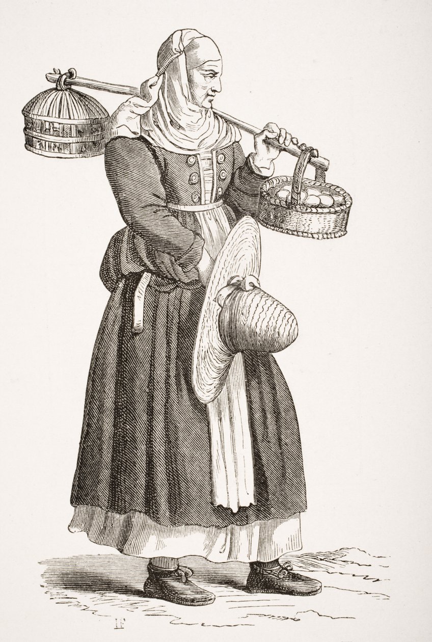 Munien jälleenmyyjä, Cesare Vecellion (1521-1601) 1500-luvun puupiirros Paul Lacroixin (1806-84) teoksesta "Le Moyen Age et La Renaissance", julkaistu 1847 tekijältä French School