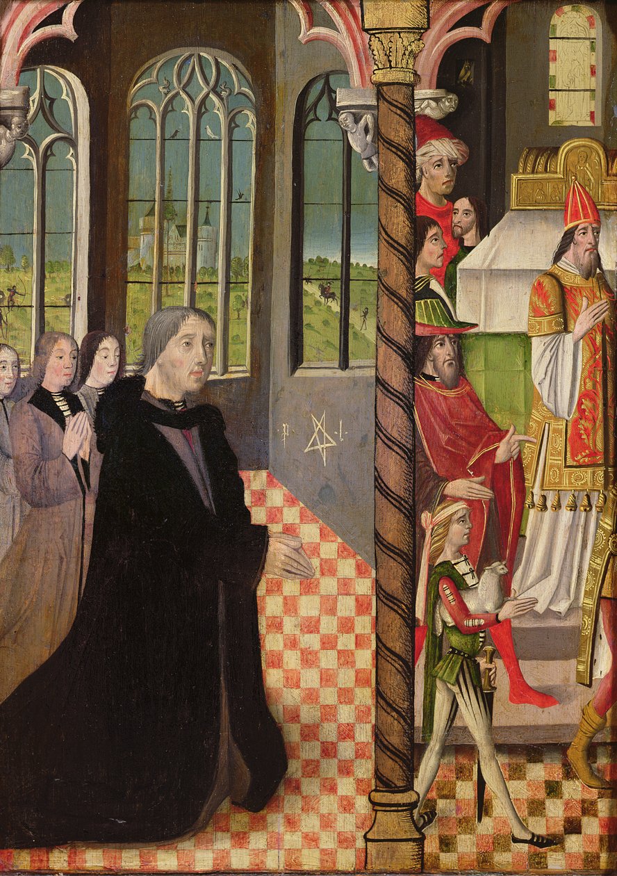 Lahjoittaja kolmen tyttärensä kanssa ja Joachimin uhri, 1485-1495 tekijältä French School