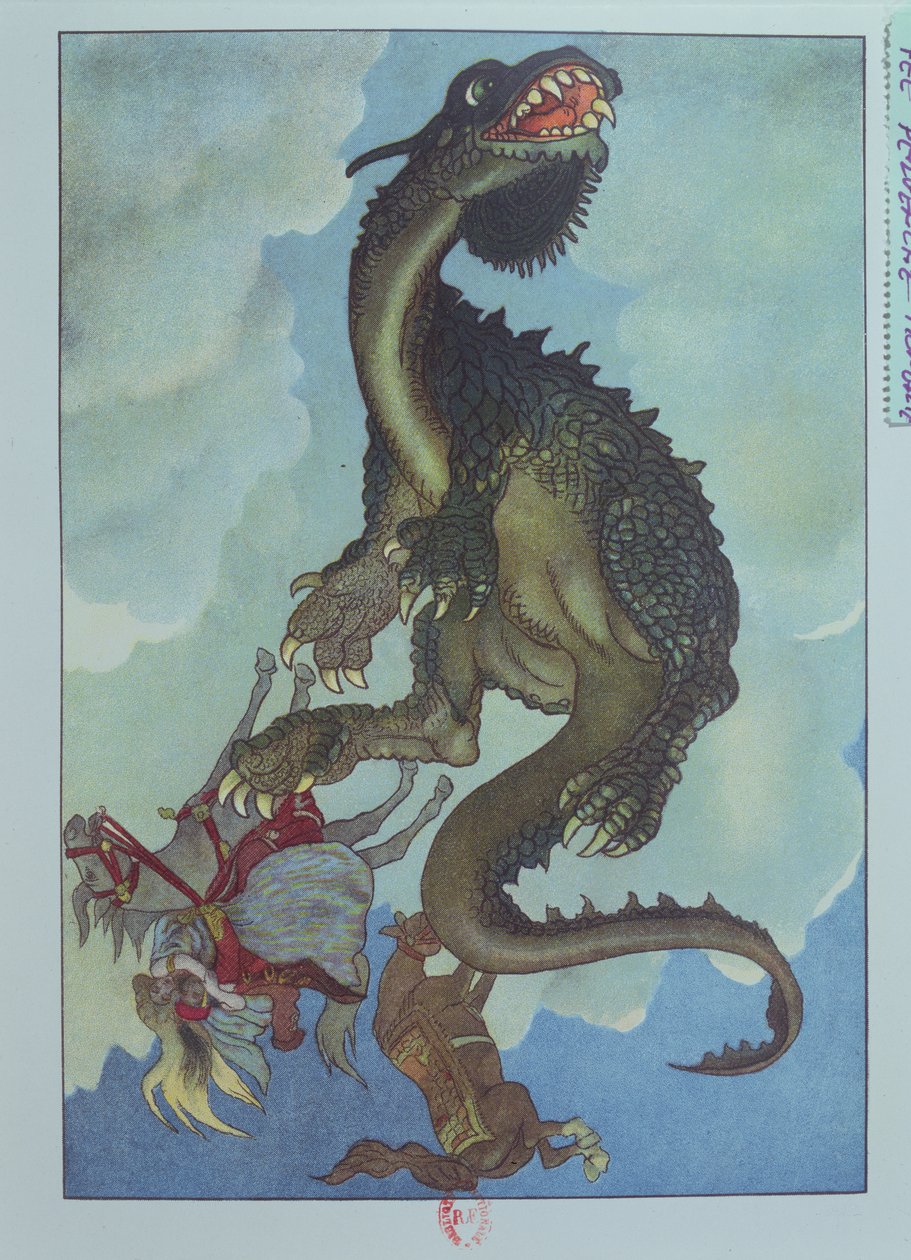 Taivaalta putoava lohikäärme, kuvitus unkarilaisesta tarinasta "The Story of Fairy Pervenche", n. 1910 (värilitho) tekijältä French School