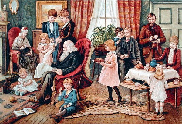 Perhe juomassa teetä, n. 1900 (väri litho) tekijältä French School