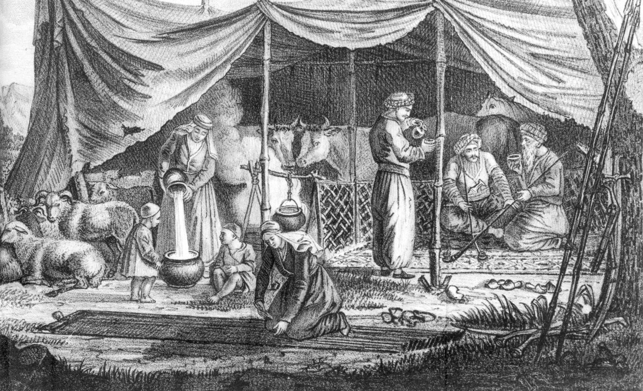 A Family of Kurdish Nomads, Gaspard Drouvillen teoksesta Voyage en Perse, julkaistu 1825 tekijältä French School