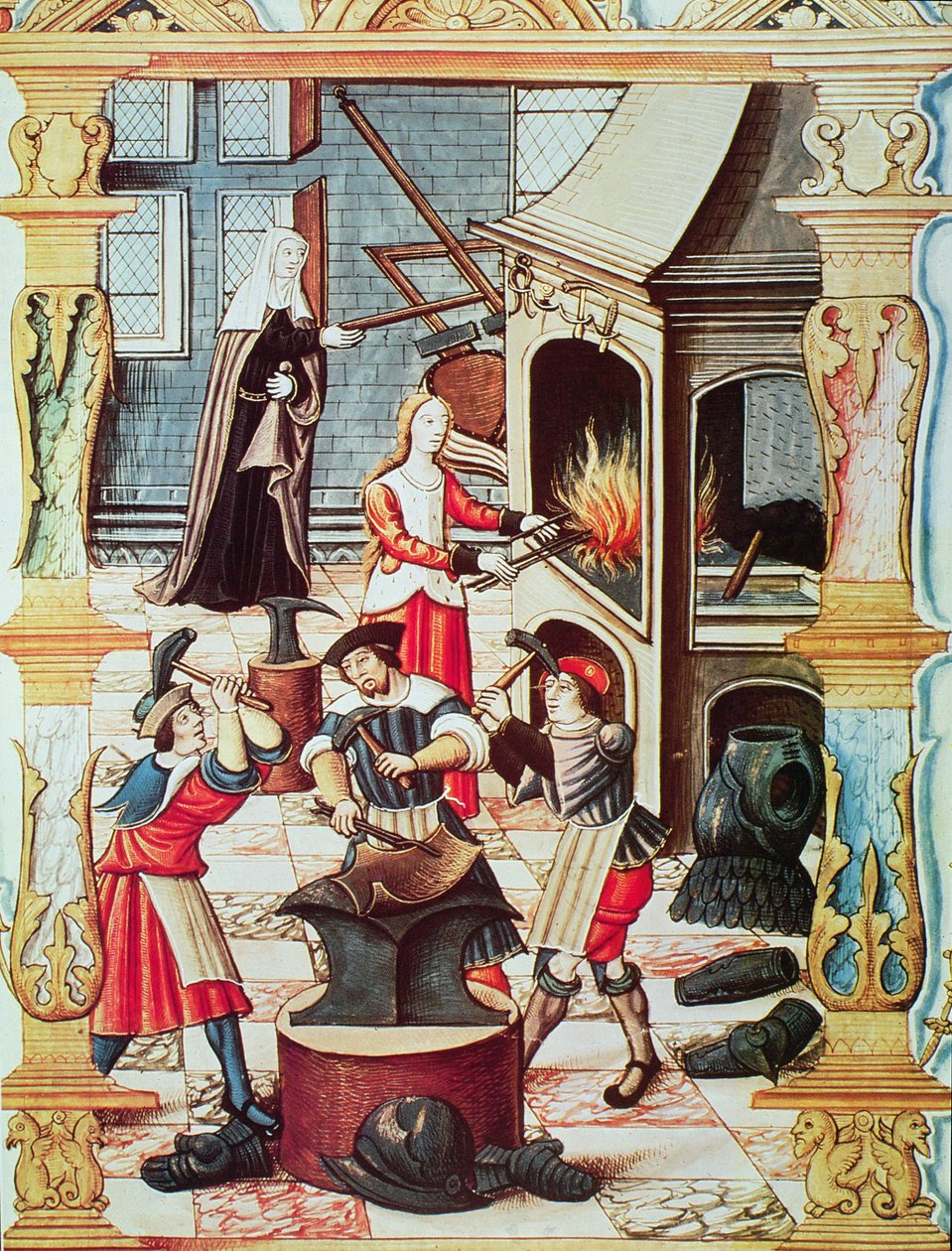 Ranskalainen takomo 1500-luvulta, kopio "Chants royaux sur la Conception Couronnee du Puy de Rouen" (värilitho) pienoismallista tekijältä French School