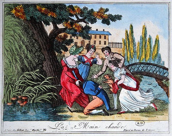 Peli "La Main Chaude" ("Hot Cockles"), 1800-luvun alku (värikaiverrus) tekijältä French School