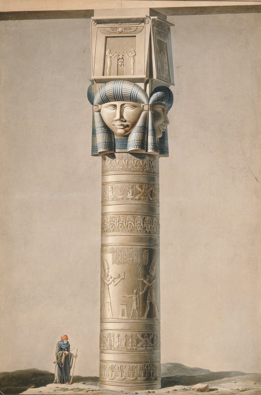 Hathor-päinen pilari Dendarahissa, kuva Kuvaukset Egyptistä, Edmonde Francois Jomard (1777-1862), julkaistu 1809-22 (wc paperilla) tekijältä French School