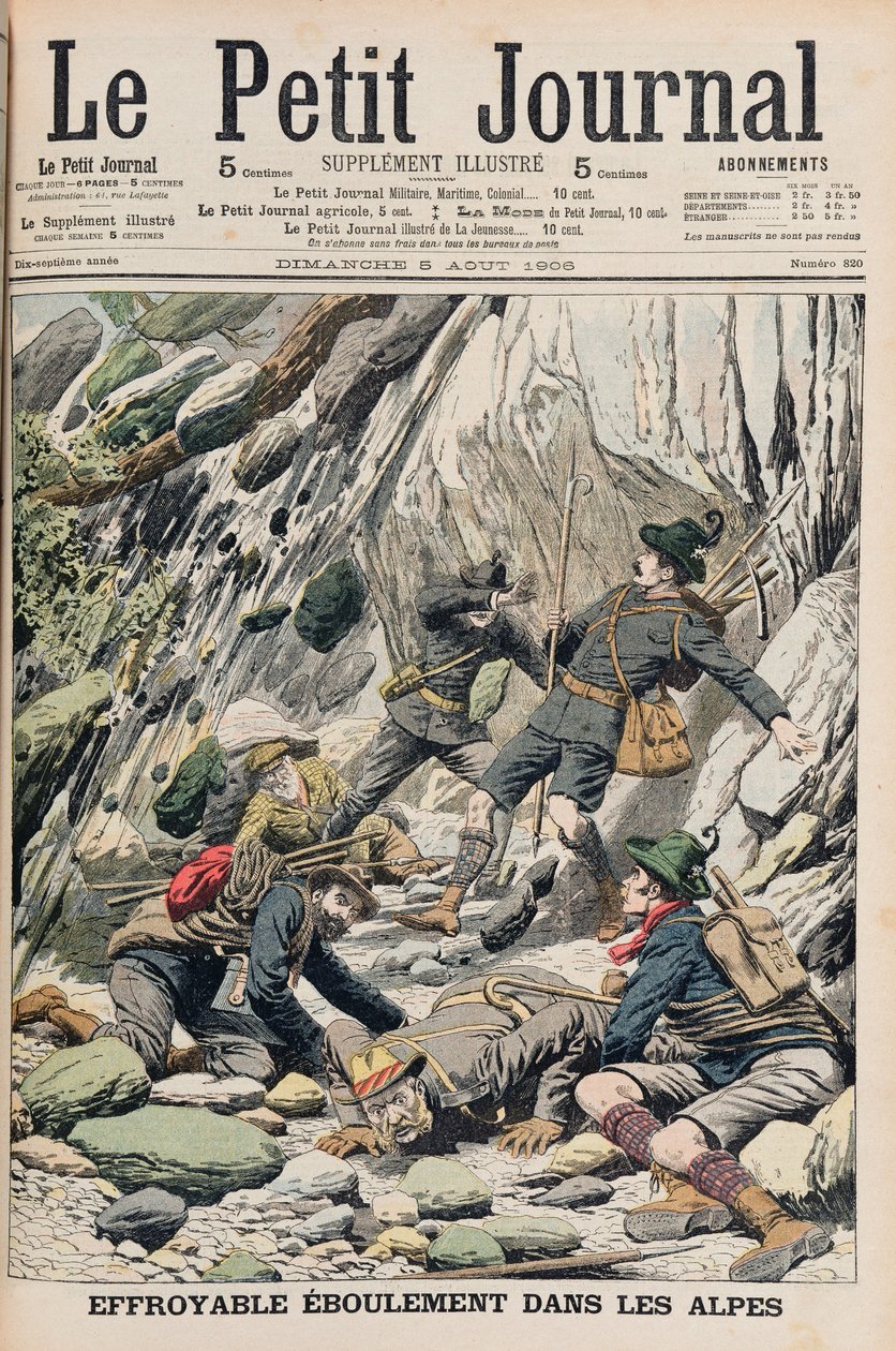 Kauhistuttava kiven putoaminen Tirolissa, kuvitus "Le Petit Journalista", 5. elokuuta 1906 tekijältä French School