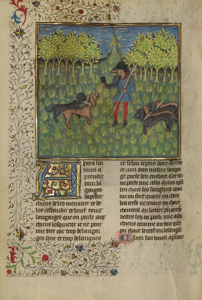 Metsästäjä kouluttaa koiria vastaamaan sarven kutsuun, n. 1430-1440 (tempera, kulta- ja hopeamaalia ja kultalehtiä pergamentilla) tekijältä French School