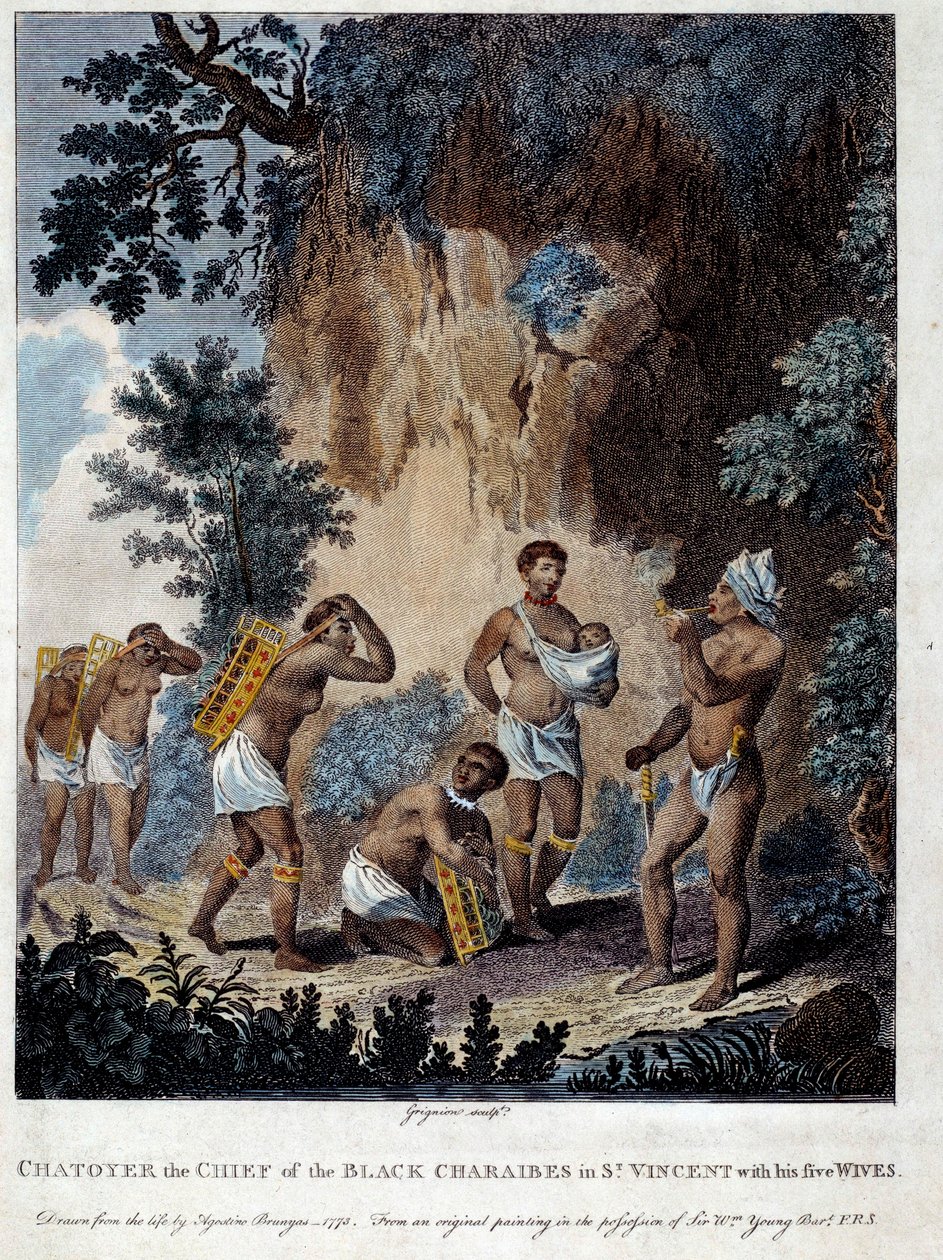 Karibikokki Saint Vincentin saarelta Länsi-Intiassa viiden naisensa kanssa Kaiverrus 1800-luvun Chartresista, Musee des Beaux Arts tekijältä French School