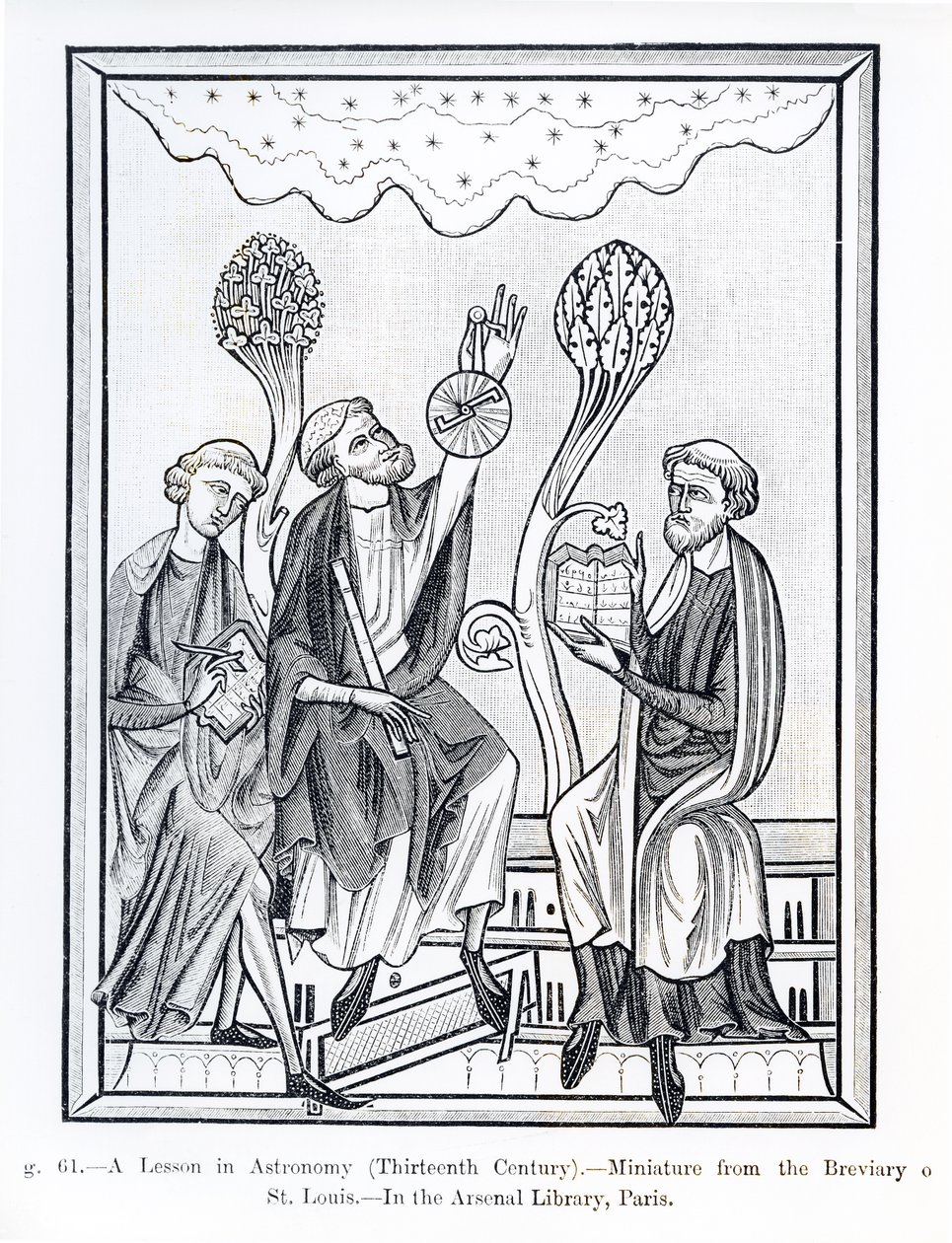 Astronomian oppitunti, St. Louisin breviaarista, kuvitus tieteestä ja kirjallisuudesta keskiajalla ja renessanssilla, kirjoittanut ja kaivertanut Paul Lacroix, 1878 (bw photo tekijältä French School
