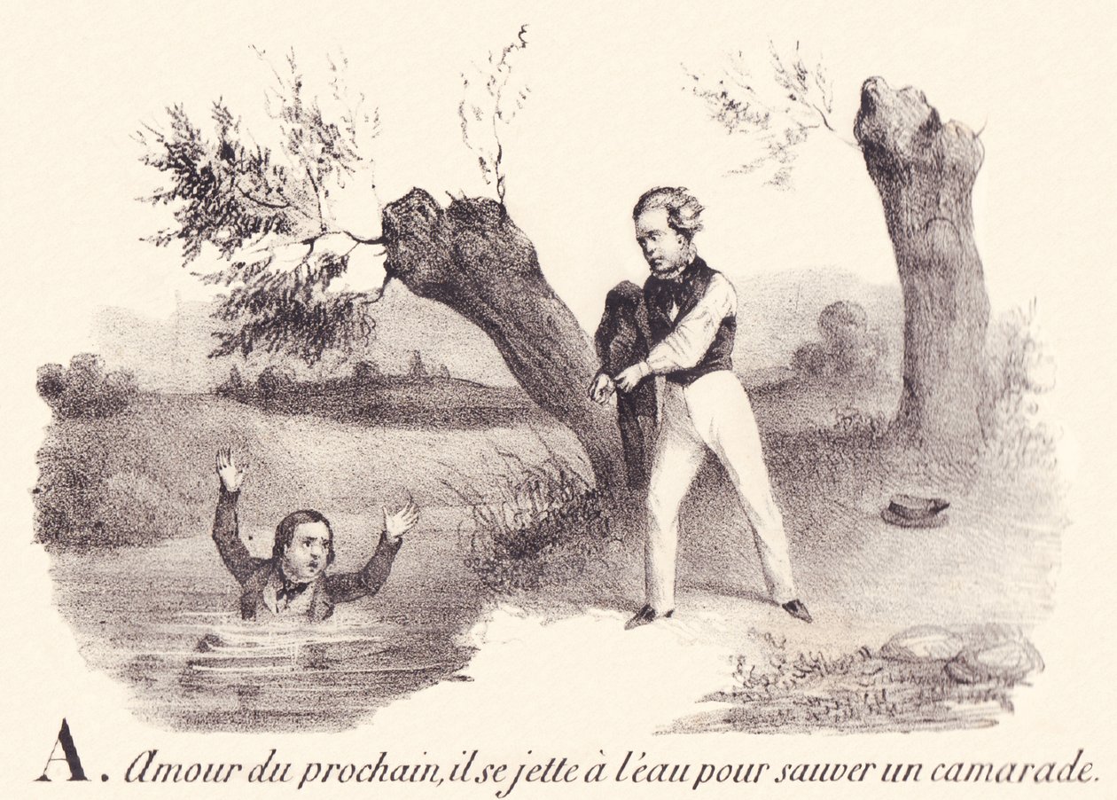 V: Lähimmäisen rakkaus, hän heittäytyy veteen pelastaakseen toverinsa. tekijältä French School