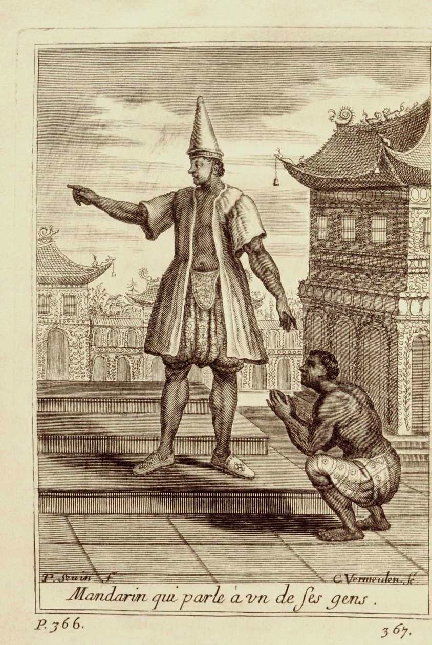 Mandariinimies puhumassa yhdelle ihmisistään, Guy Tachardin teoksesta Voyage du Siam des Peres Jesuites, 1688 tekijältä French School