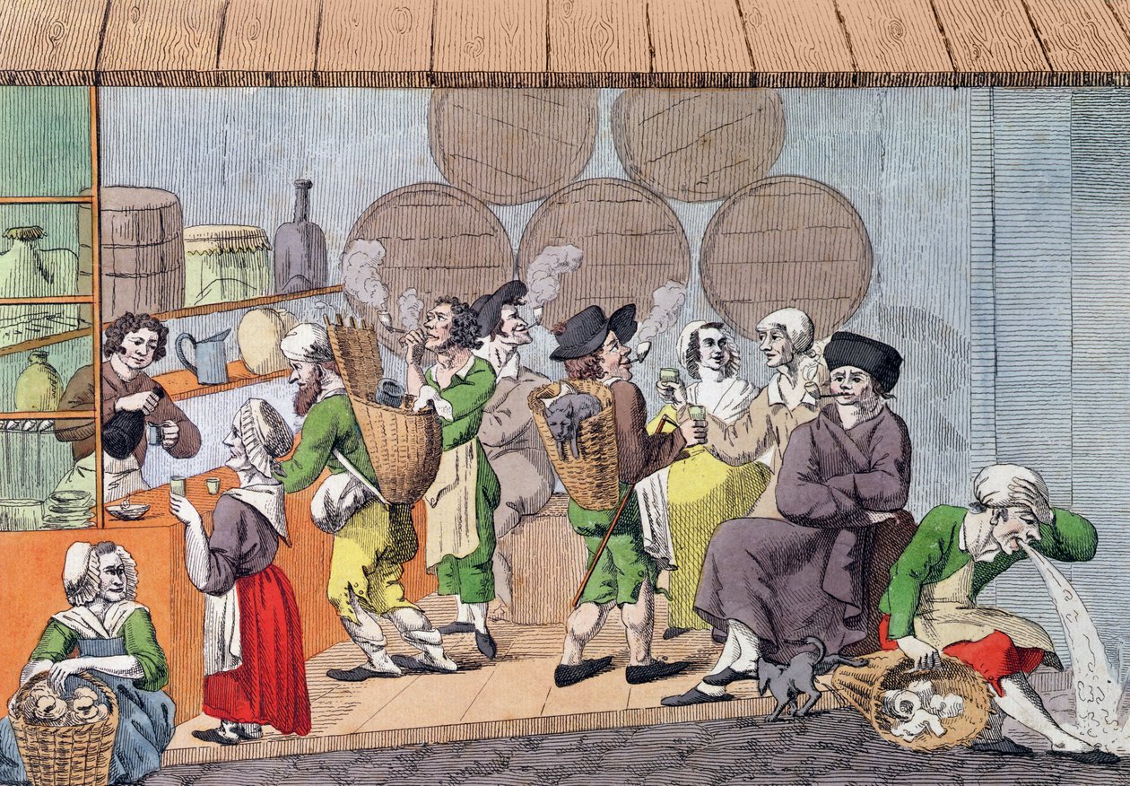 Taiteilijoiden, mutaraajien ja rätikauppiaiden tapaaminen, karikatyyri suositusta kahvilasta Palais Royalissa Pariisissa, n. 1800 tekijältä French School