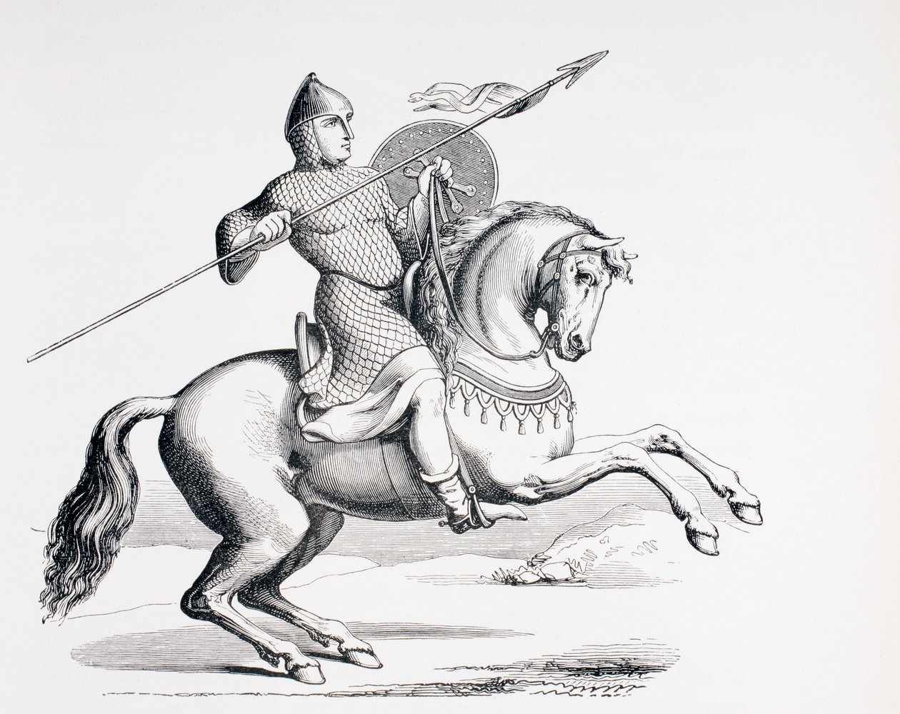 Norman Knight pukeutunut ketjupostiin ja kypärään kantaen keihää ja kilpiä, 1873 tekijältä French School