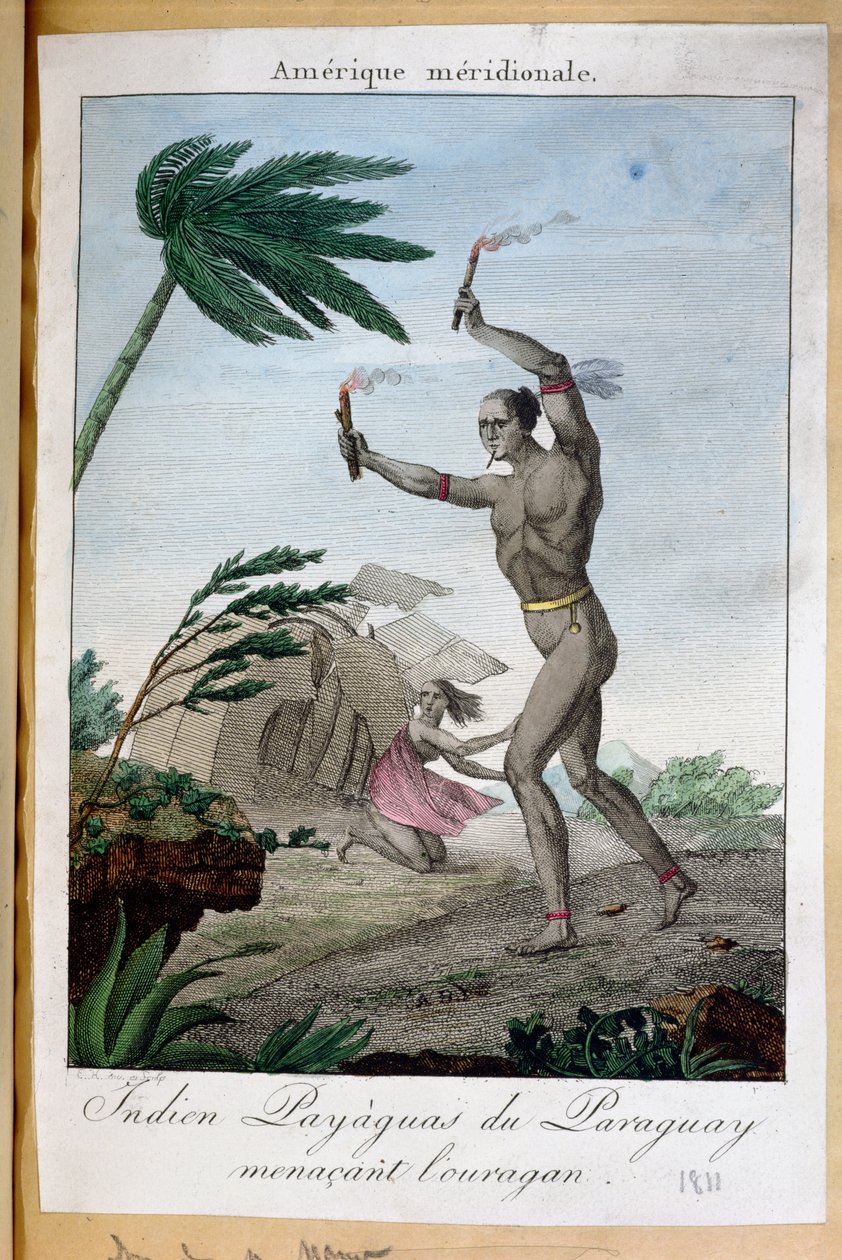Payaguasin intialainen shamaani, joka yrittää torjua hurrikaanin, Paraguay, 1811 tekijältä French School