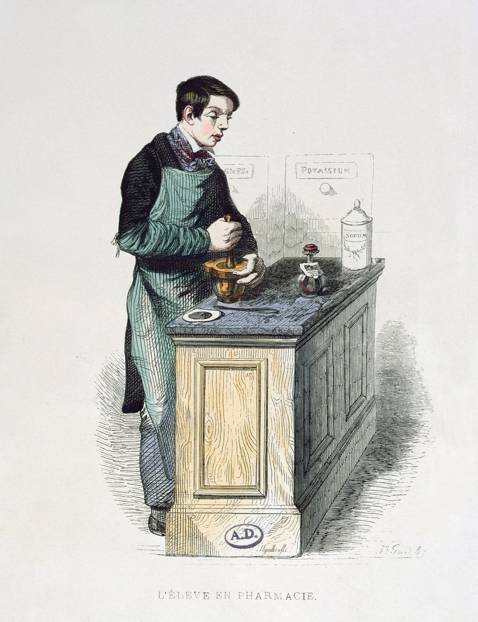 Apteekkiopiskelija valmistelee lääkettä, kuvitus teoksesta The French Painted by Themselves, Editions L. Curmer, 1841 (värikaiverrus) tekijältä French School