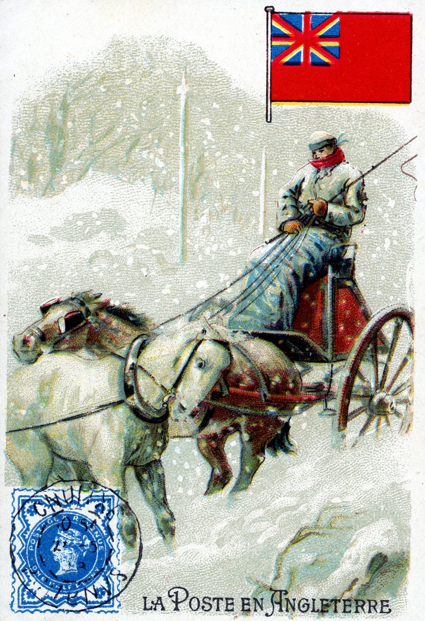 Postimies Englannissa jakamassa postia talvella, 1800-luvun lopulla tekijältä French School