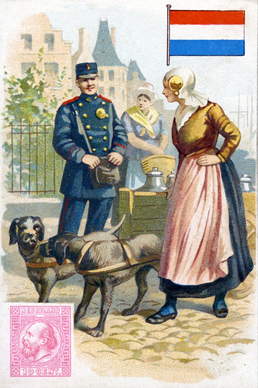 Postimies Hollannissa puhumassa naiselle, joka toimittaa maitoa koirankärryissä, 1800-luvun lopulla tekijältä French School