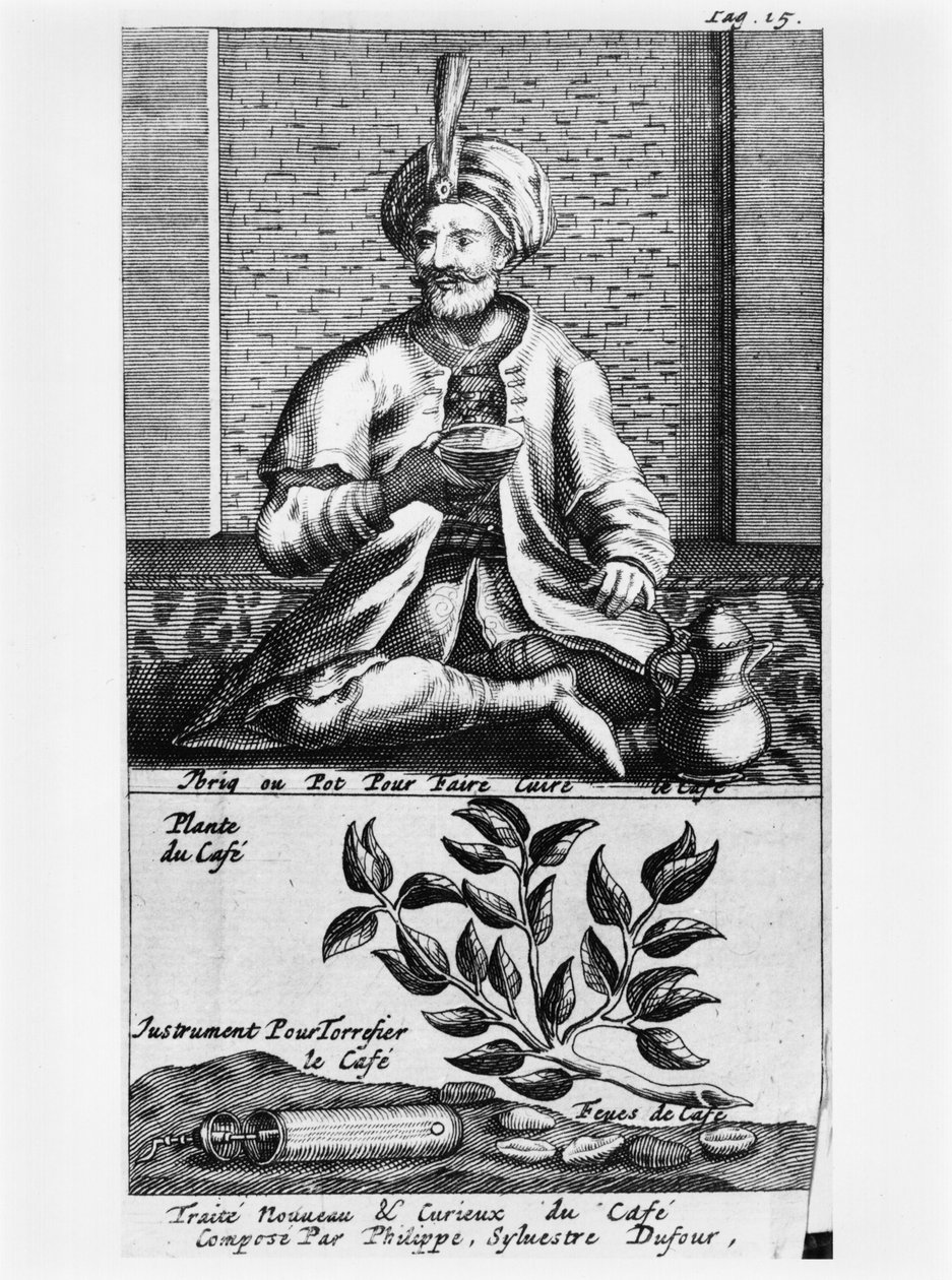 Kahvinkeitin, kuvitus Philippe Sylvestre Dufourin uudesta ja uteliaasta kahvia, teetä ja suklaata käsittelevästä traktaatista, La Haye, julkaistu 1693 tekijältä French School
