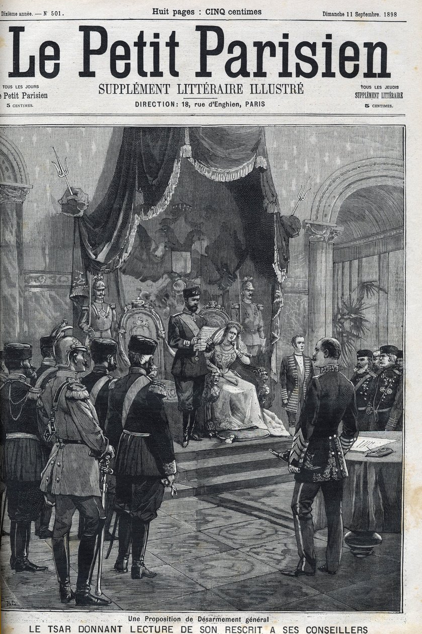 Ehdotus yleisestä aseistariisunnasta (tehty eurooppalaisille maille) - Tsaari Nikolai II (1868-1918) lukee käsikirjoituksensa neuvonantajilleen. Le Petit Parisien tekijältä French School