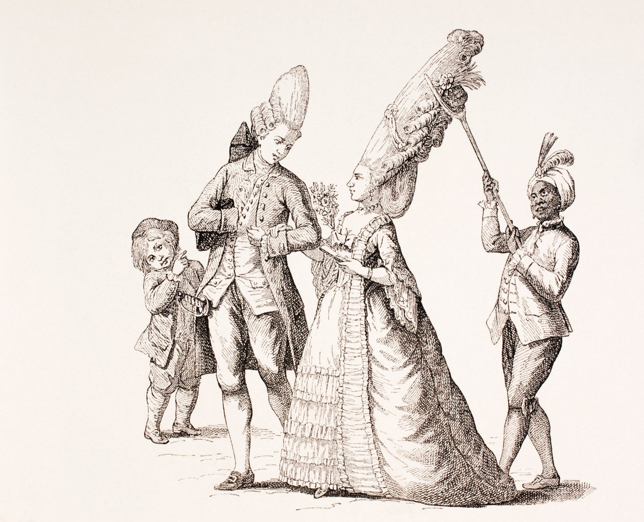 Satiiri naisten äärimmäisistä kampauksista 1700-luvun Pariisissa, 1875 tekijältä French School
