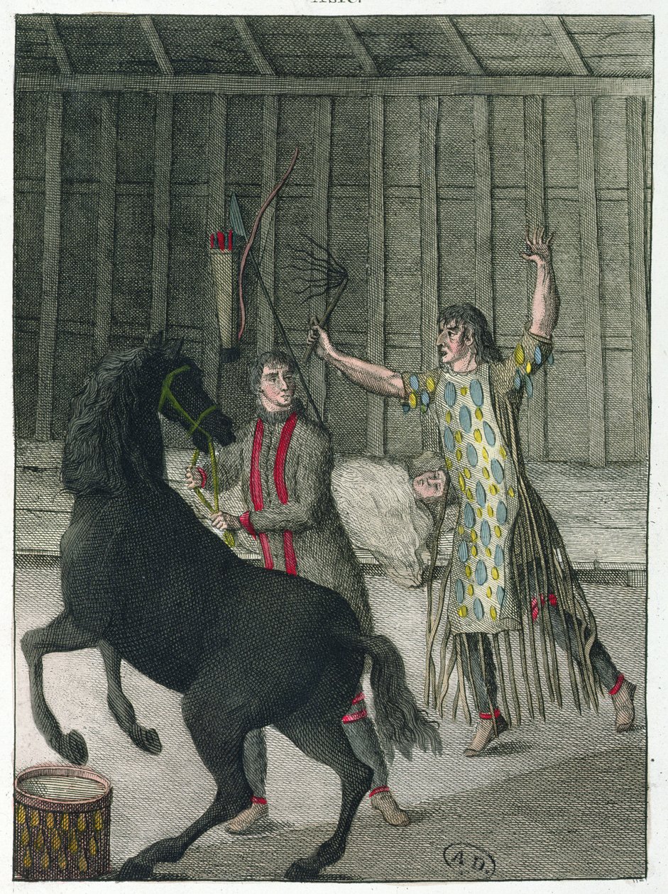Shamaani, joka karkotti sairaan ihmisen pahoja henkiä, Siperia, n. 1811 tekijältä French School