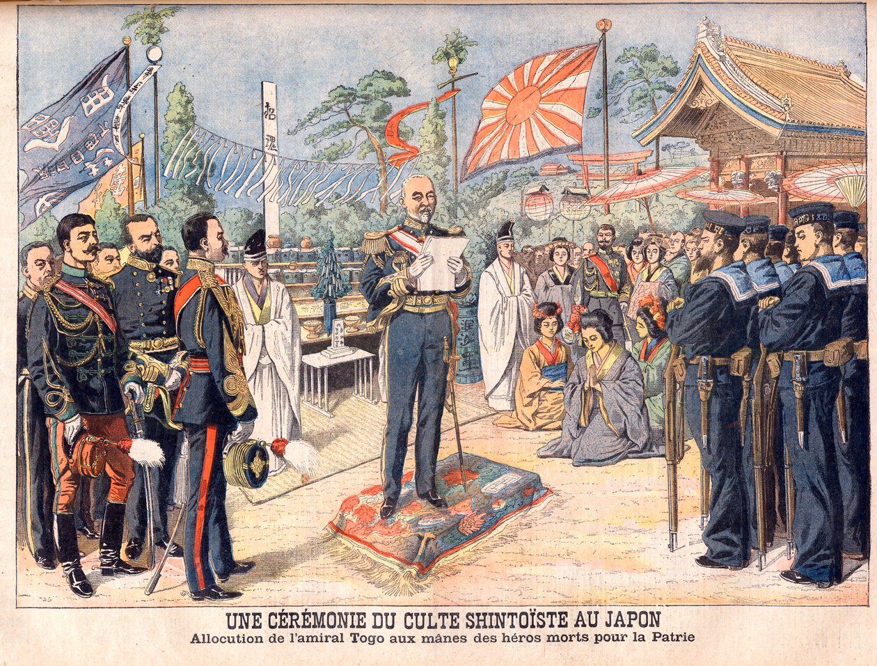 Shintolaisuusseremonia Japanissa. Amiraali Togo puhuu Venäjän ja Japanin sodassa kuolleiden japanilaisten sankareiden hengille Shintolaisen palvonnan seremonia Japanissa. Admiral Togon (Togo Heihachiron) puhe tekijältä French School