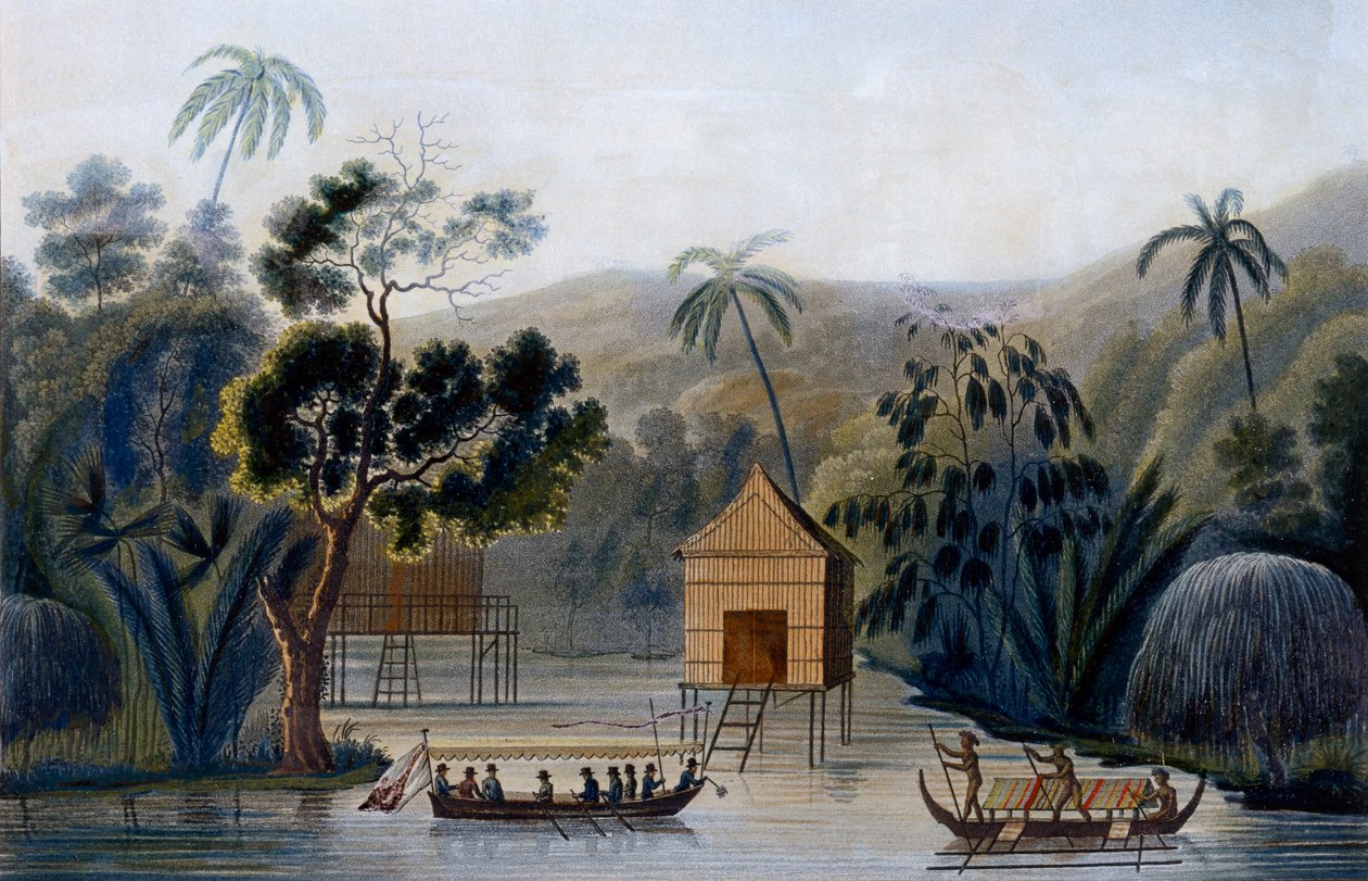 Henkitalo paalujen päällä Offakin satamassa Waigoun saarella, Luutnantti Louis Isodore Duperreyn vuodelta 1826 Voyage Around the World on Corvette Coquille tekijältä French School