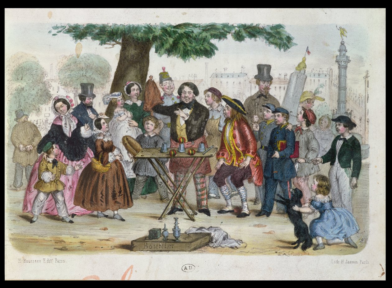 Katutaikkuri lähellä Place de la Bastillea Pariisissa, kaiverrus H. Jannin, n. 1840-50 tekijältä French School