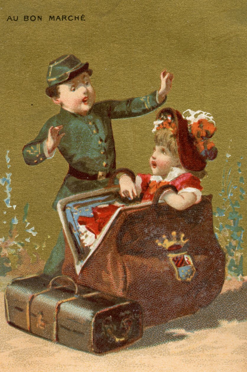 Yllätys matkatavaroissa, sarjasta lapsikuvia, valmistettu promokorteiksi Bon Marché -tavaratalolle Pariisissa, noin 1890 tekijältä French School