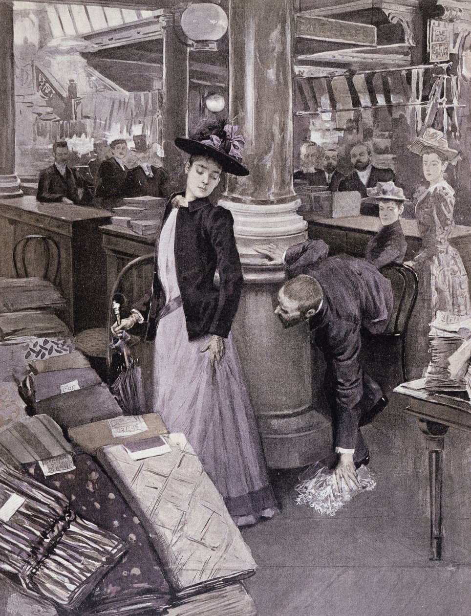 Varas tavaratalossa Pariisissa, kuva Paradis des Damesista, n. 1895 tekijältä French School