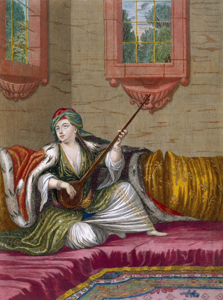 Turkkilainen tyttö soittamassa Tehegouria, n. 1708 tekijältä French School