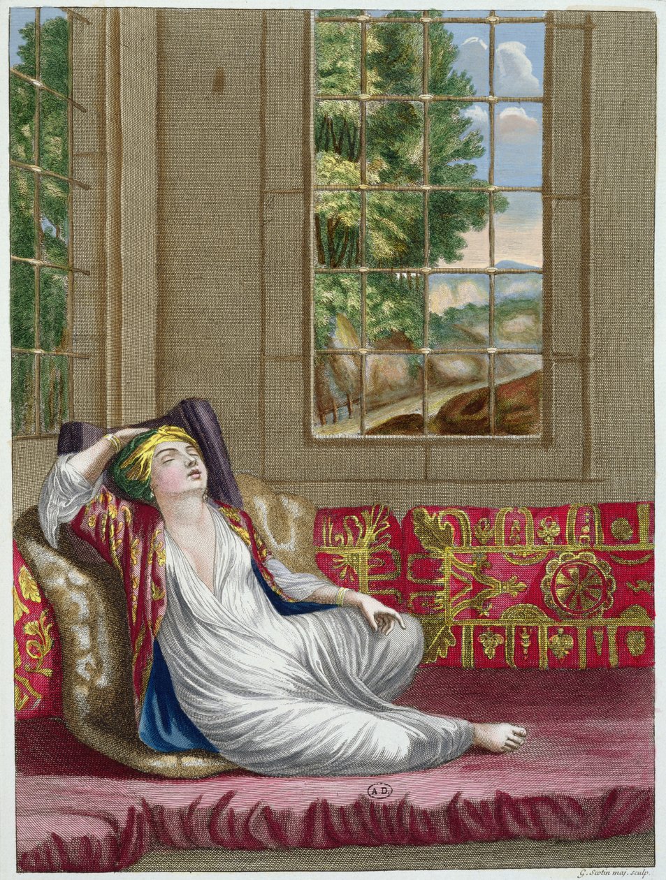 Turkkilainen nainen, Recueil dEstampes sur les Costumes du Levant, kaiverrus Gerard Jean Baptiste Scotin (1671-1716) 1707-08 tekijältä French School