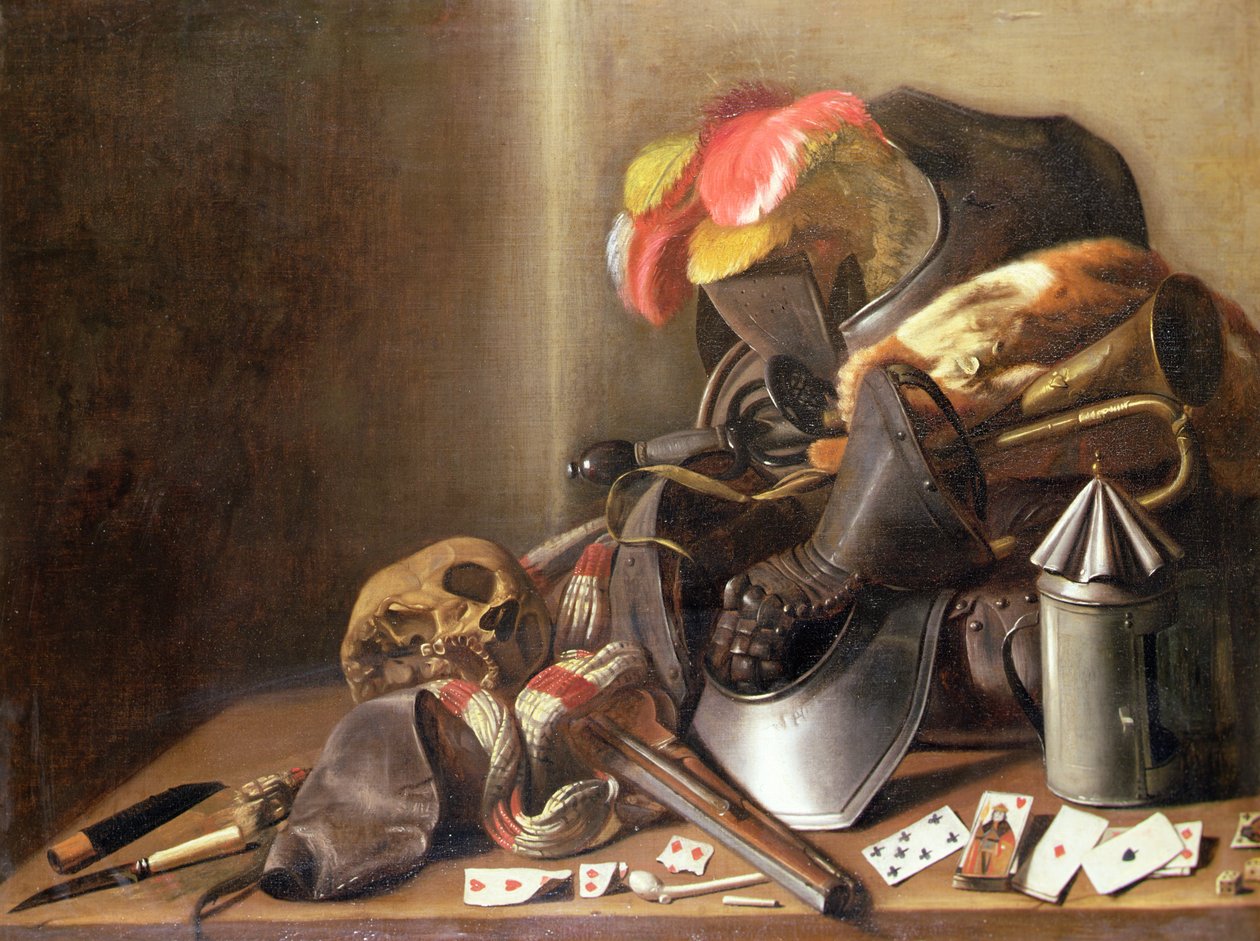 Vanitas-asetelma, jossa on pääkallo, pelikortit ja panssari, n. 1650 (öljy kankaalle) tekijältä French School