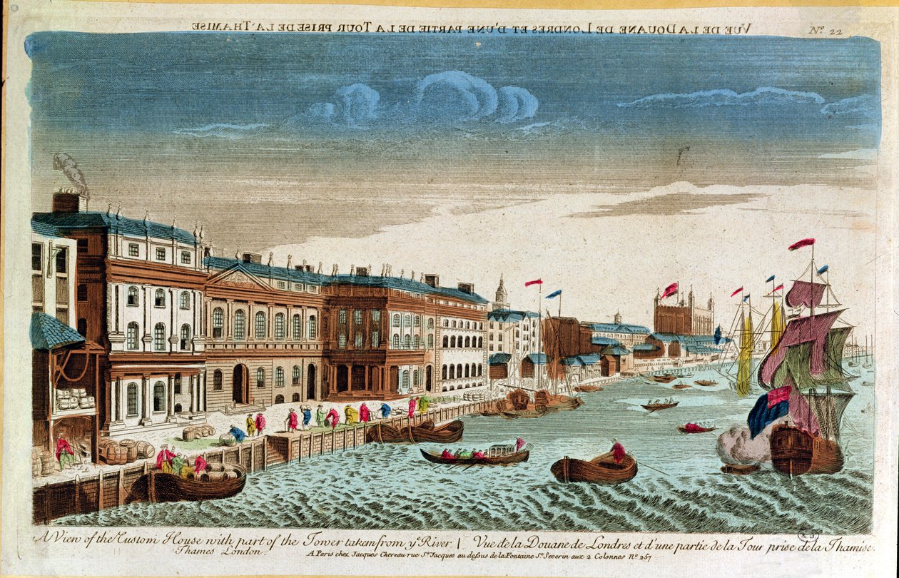 Näkymä tullitalosta ja osa tornista, otettu Thames-joelta, Lontoosta, 1700-luvun puoliväli (värikaiverrus) tekijältä French School